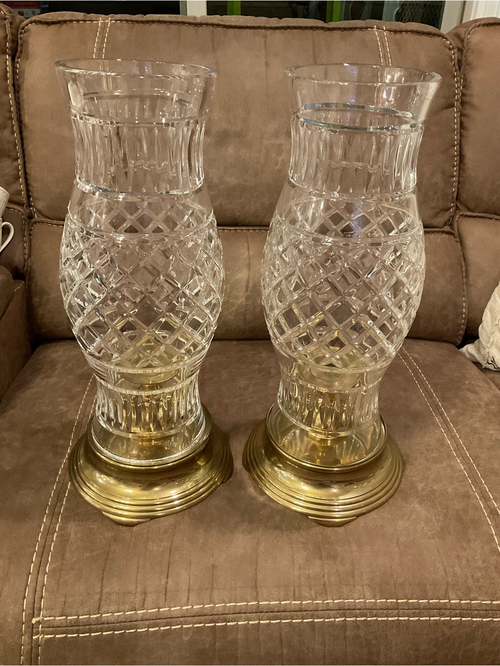 Vintage Cut Crystal Diamond Patterned Hurricane Lamps